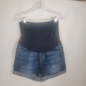 Liz Lange Maternity Denim Cuffed Shorts Full Stretch Belly Panel Women Small 4/6